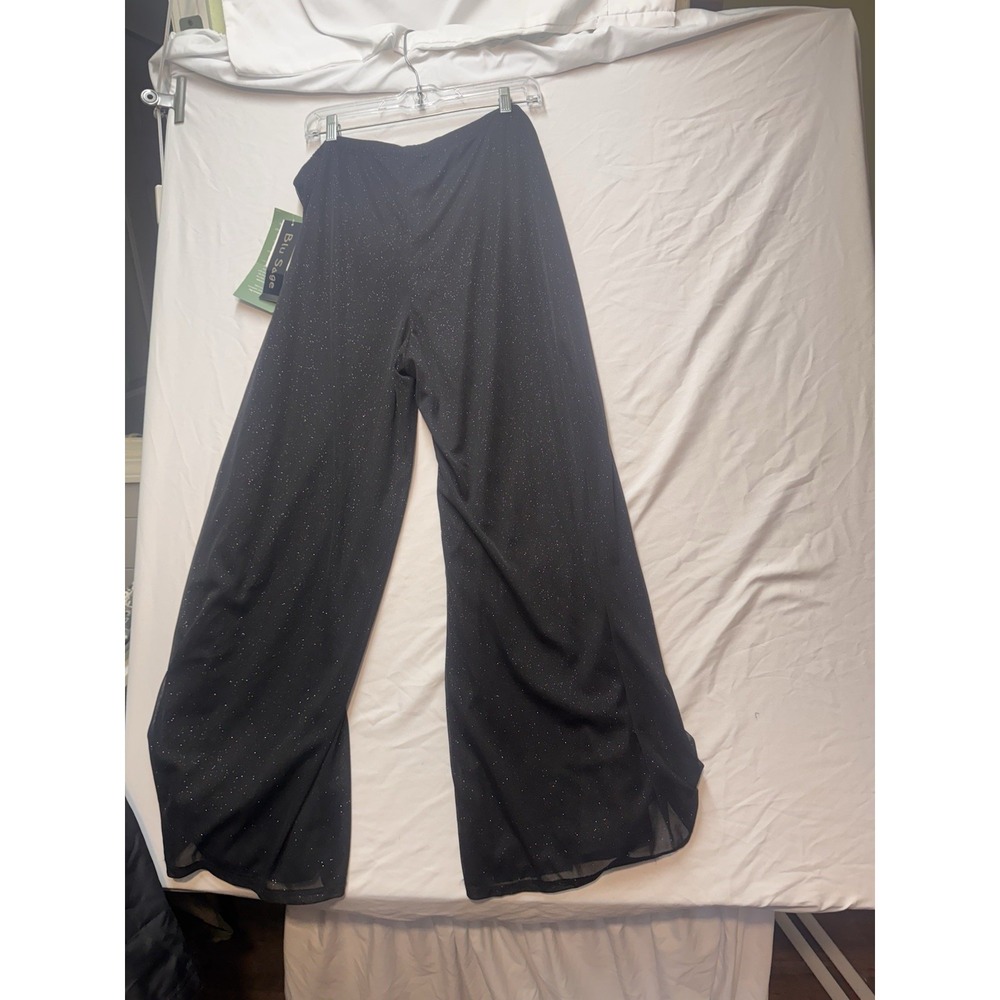 New Blu Sage Women's Black Chiffon Silver Glitter Wide Leg Belted Lined Pants L - Picture 8 of 8